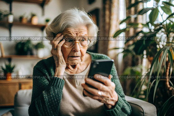 Fraud and deception. A shocked, worried elderly woman looking at her smartphone with unpleasant surprise, experiencing stress, financial problems, money theft. Стоковое AI-изображение, AI-художник Photojuli / Фотобанк Лори