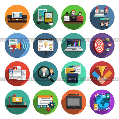 Freelance flat round icons collection . Freelance recruitment agency for temporary independent creative professional work flat icons set round abstract isolated vector illustration. Стоковая иллюстрация, агентство Ingram Publishing / Фотобанк Лори