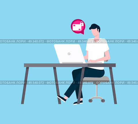 Freelancer working on laptop vector. Person thinking about new electronic device application for security of transaction and privacy correspondence coder. Freelancer Working on Laptop Transaction Security. Стоковая иллюстрация, агентство Ingram Publishing / Фотобанк Лори