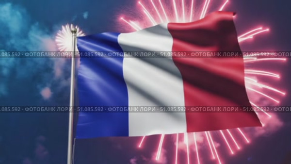 French flag waving against a night sky with colorful fireworks. The flag features blue, white, and red vertical stripes, symbolizing national pride. Стоковое AI-видео, аниматор Nart / Фотобанк Лори