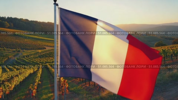 French flag waving in a vineyard during sunset. The flag features blue, white, and red vertical stripes. Lush green hills are visible in the background. Стоковое AI-видео, аниматор Nart / Фотобанк Лори