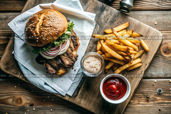 French fries, burger, pork ribs on a stylish board on a wooden background. Fried potatoes. The concept of fast food, junk food and fast food preparation. Стоковое AI-изображение, AI-художник Photojuli / Фотобанк Лори