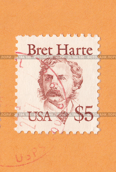Фрэнсис Брет Гарт (Francis Bret Harte) - американский прозаик и поэт. Почтовая марка США. Редакционная иллюстрация, иллюстратор александр афанасьев / Фотобанк Лори