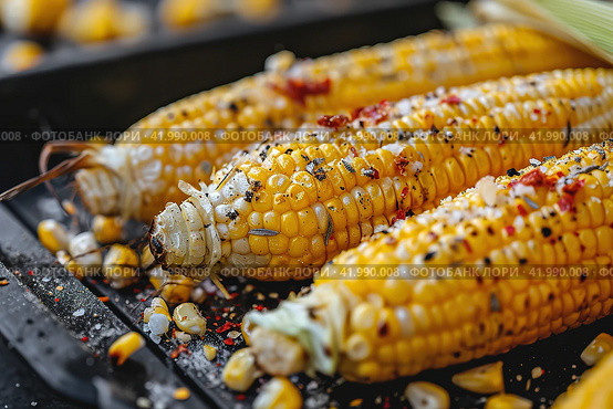 Fresh and delicious grilled corn, Image for menu, cafe, restaurant. Стоковое AI-изображение, AI-художник Ирина Ручушкина / Фотобанк Лори