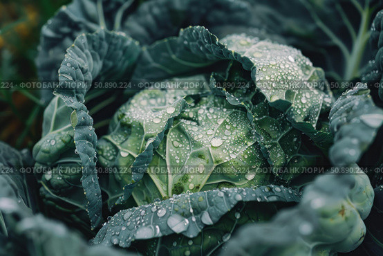 Fresh cabbage growing in garden with water droplets on leaves. Стоковое AI-изображение, AI-художник Иван Рябоконь / Фотобанк Лори