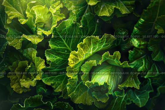Fresh cabbage growing in garden with water drops on leaves. Стоковое AI-изображение, AI-художник Иван Рябоконь / Фотобанк Лори