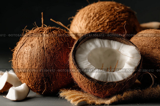 Fresh coconuts displayed on a dark surface in a kitchen setting. Свежие кокосы на темной поверхности в кухонном интерьере. Стоковое AI-изображение, AI-художник Katsiaryna Repich / Фотобанк Лори