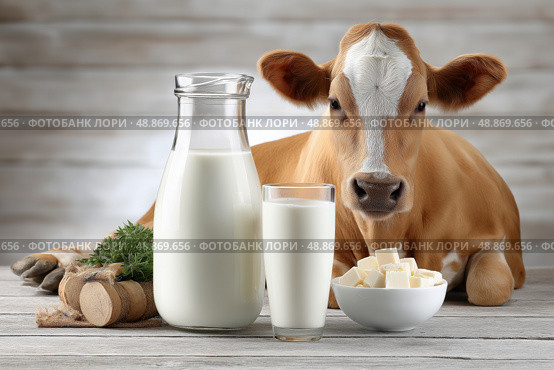 Fresh dairy products with cow in background, milk, glass, butter on wooden table. Свежие молочные продукты с коровой на заднем плане, молоко, стекло, масло на деревянном столе. Стоковое AI-изображение, AI-художник Katsiaryna Repich / Фотобанк Лори