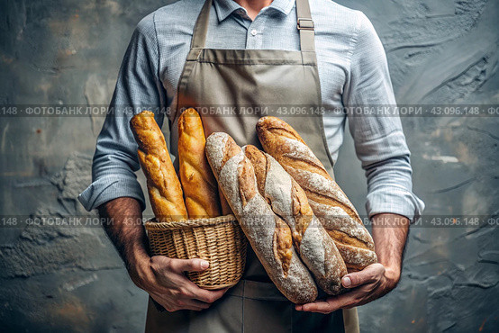 Fresh delicious bread baguette in the hands of a male baker in close-up. Freshly baked sourdough bread with a golden crust. The atmosphere of a bakery with delicious bread. Confectionery products. Стоковое AI-изображение, AI-художник Photojuli / Фотобанк Лори