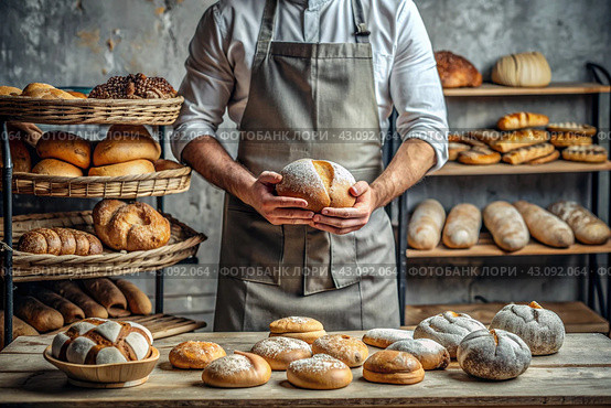 Fresh delicious bread in the hands of a male baker in close-up. Freshly baked sourdough bread with a golden crust on a wooden board. The context of a bakery with delicious bread. Confectionery products. Стоковое AI-изображение, AI-художник Photojuli / Фотобанк Лори