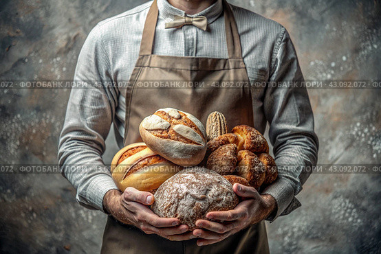 Fresh delicious bread in the hands of a male baker in close-up. Freshly baked sourdough bread with a golden crust on a wooden board. The context of a bakery with delicious bread. Confectionery products. Стоковое AI-изображение, AI-художник Photojuli / Фотобанк Лори