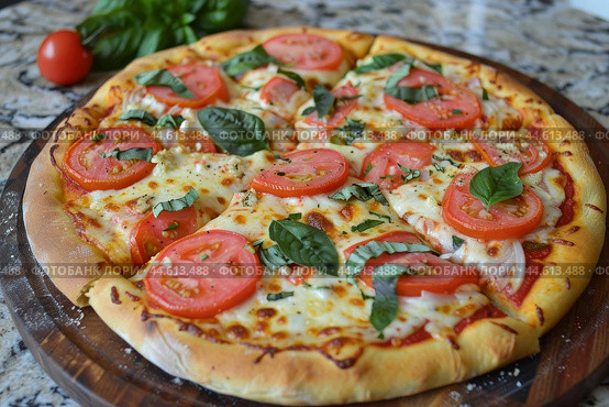 Fresh homemade margherita pizza on wooden board. Стоковое AI-изображение, AI-художник Иван Рябоконь / Фотобанк Лори