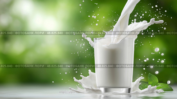 Fresh milk is poured into a glass surrounded by green foliage. Свежее молоко льется в стакан, окруженный зеленой листвой. Стоковое AI-изображение, AI-художник Katsiaryna Repich / Фотобанк Лори