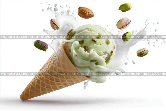 Fresh mint ice cream cone with splashing milk and nuts on a bright background. Рожок мороженого со свежей мятой, брызгами молока и орехами на ярком фоне. Стоковое AI-изображение, AI-художник Katsiaryna Repich / Фотобанк Лори