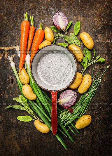 Fresh organic vegetables and herbs around old empty cooking pot on rustic wooden background, top view composing, copy space. Стоковое фото, агентство Ingram Publishing / Фотобанк Лори