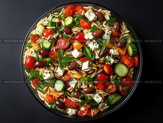 Fresh orzo salad with vegetables and feta. Стоковое AI-изображение, AI-художник Татьяна  Бральнина / Фотобанк Лори