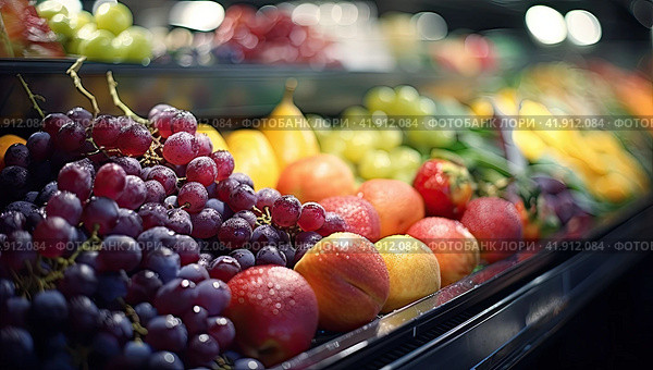 Fresh ripe fruits on the refrigerated storefront. The concept of fruit freshness. Стоковое AI-изображение, AI-художник Ярославский Максим / Фотобанк Лори
