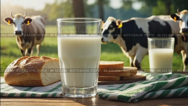 Fresh rustic cow's milk in a jug and white fragrant bread and pastries on a table against the background of a meadow where cows graze. AI generated. Стоковое AI-видео, аниматор Ольга Симонова / Фотобанк Лори