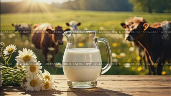 Fresh rustic cow's milk in a jug on a table against the background of a meadow where cows graze. AI generated. Стоковое AI-видео, аниматор Ольга Симонова / Фотобанк Лори