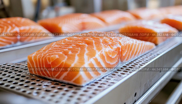 Fresh salmon fillets being processed in a fish market. Стоковое AI-изображение, AI-художник Юрий Поздников / Фотобанк Лори