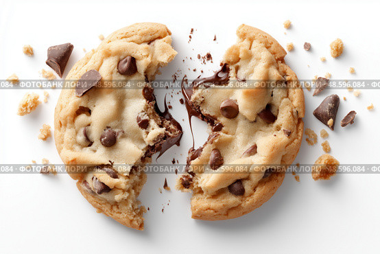 Freshly baked chocolate chip cookie split in half with melted chocolate. Свежеиспеченное шоколадное печенье, разделенное пополам с растопленным шоколадом. Стоковое AI-изображение, AI-художник Katsiaryna Repich / Фотобанк Лори