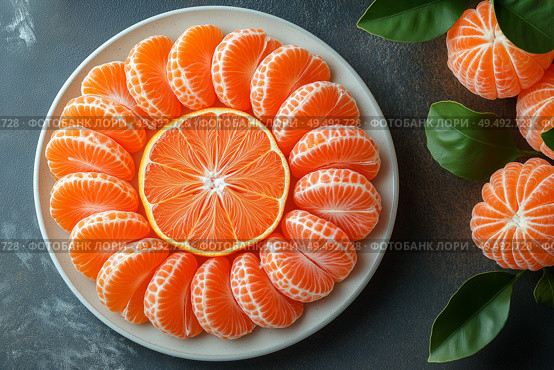 Freshly sliced oranges and mandarins arranged beautifully on a plate. Свежие нарезанные апельсины и мандарины, красиво разложенные на тарелке. Стоковое AI-изображение, AI-художник Katsiaryna Repich / Фотобанк Лори