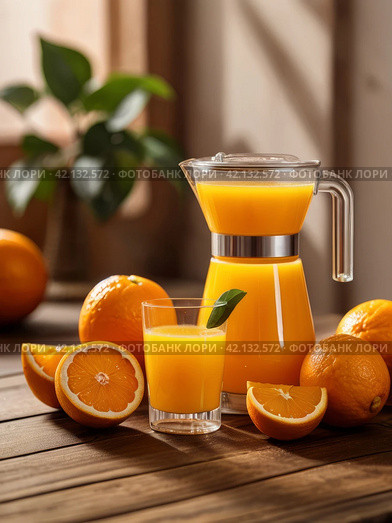 Freshly squeezed (natural) orange juice. Стоковое AI-изображение, AI-художник Сергей Елизарьев / Фотобанк Лори
