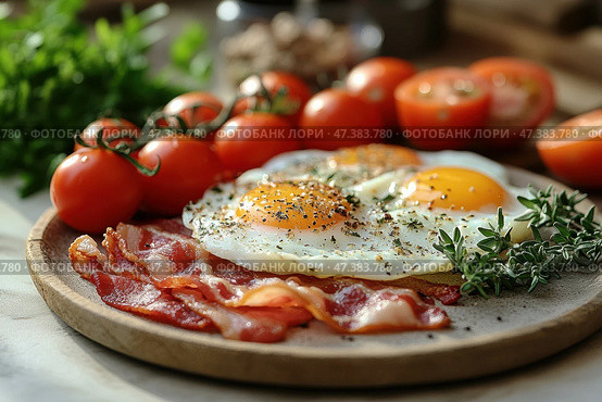 Fried eggs and bacon for breakfast in a gray ceramic plate on a table. Traditional American Breakfast with fried eggs, ham, fresh tomatoes and cress served in a diner. Keto diet. Стоковое AI-изображение, AI-художник Марина Демидюк / Фотобанк Лори