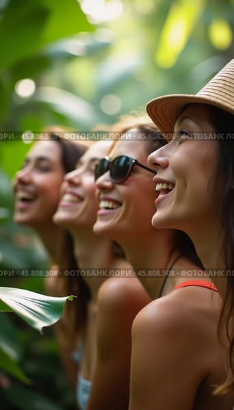 Friends celebrate summer getaway in lush tropical setting with laughter and smiles amidst vibrant greenery. Tropics are climatic zones of Earth in which Sun is at its zenith at least once year. AI. Стоковое AI-изображение, AI-художник Юлия Петровская / Фотобанк Лори