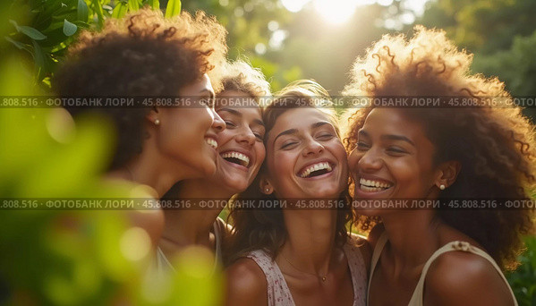 Friends celebrate summer getaway in lush tropical setting with laughter and smiles amidst vibrant greenery. Tropics are climatic zones of Earth in which Sun is at its zenith at least once year. AI. Стоковое AI-изображение, AI-художник Юлия Петровская / Фотобанк Лори