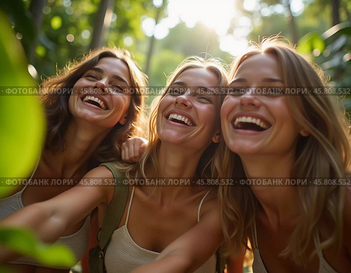 Friends celebrate summer getaway in lush tropical setting with laughter and smiles amidst vibrant greenery. Tropics are climatic zones of Earth in which Sun is at its zenith at least once year. AI. Стоковое AI-изображение, AI-художник Юлия Петровская / Фотобанк Лори