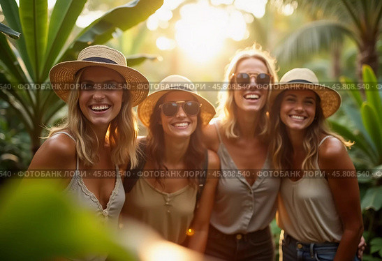 Friends celebrate summer getaway in lush tropical setting with laughter and smiles amidst vibrant greenery. Tropics are climatic zones of Earth in which Sun is at its zenith at least once year. AI. Стоковое AI-изображение, AI-художник Юлия Петровская / Фотобанк Лори