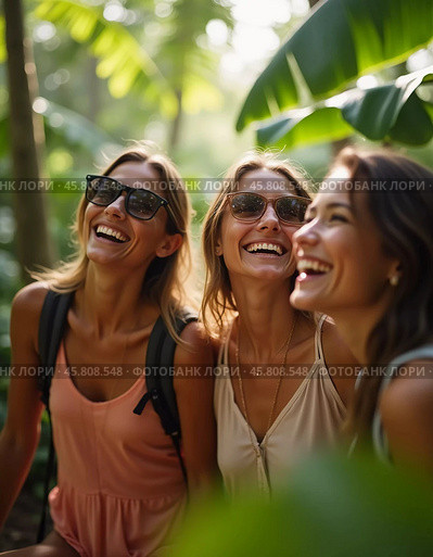 Friends celebrate summer getaway in lush tropical setting with laughter and smiles amidst vibrant greenery. Tropics are climatic zones of Earth in which Sun is at its zenith at least once year. AI. Стоковое AI-изображение, AI-художник Юлия Петровская / Фотобанк Лори