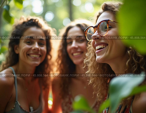 Friends celebrate summer getaway in lush tropical setting with laughter and smiles amidst vibrant greenery. Tropics are climatic zones of Earth in which Sun is at its zenith at least once year. AI. Стоковое AI-изображение, AI-художник Юлия Петровская / Фотобанк Лори