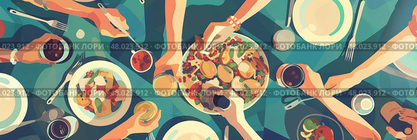 Friends share food and drinks at a lively summer gathering, celebrating friendship and good times together. Стоковое AI-изображение, AI-художник Данила Большаков / Фотобанк Лори