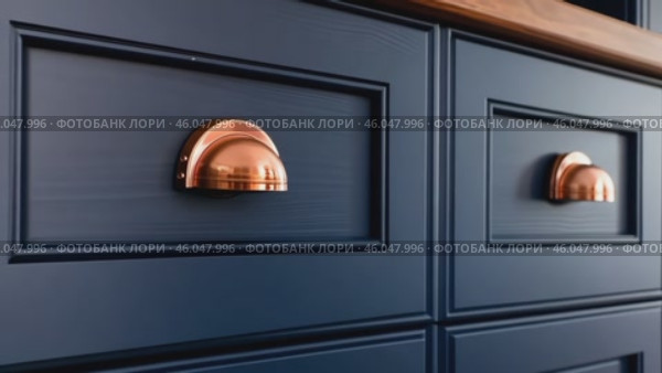 Front kitchen wooden frame cabinet door and drawers. Closeup Dark Blue Kitchen. Wooden cabinet door, brass door handles, furniture base set. Trendy interior units. Home improvement concept. Samples. Стоковое AI-видео, аниматор Марина Демидюк / Фотобанк Лори