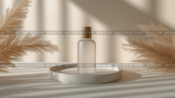 Frosted Glass Serum Bottle with Gold Cap on Ceramic Plate. Бутылочка для сыворотки из матового стекла с золотой крышкой на керамической пластине. Стоковое AI-изображение, AI-художник Katsiaryna Repich / Фотобанк Лори