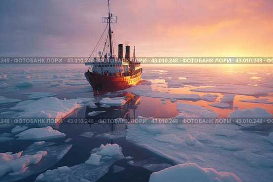 Frosty Ship cruising among sea ice. Generate ai. Стоковое AI-изображение, AI-художник Иван Рябоконь / Фотобанк Лори