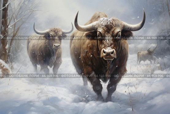 Frosty Two bulls in wintertime. Generate ai. Стоковое AI-изображение, AI-художник Иван Рябоконь / Фотобанк Лори