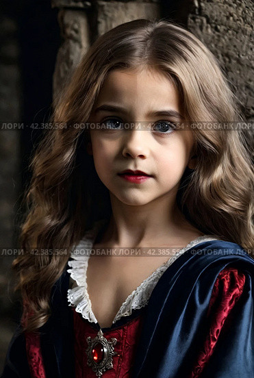 Frowning vampire in cloak posing near chest in underground castle dark room, severe looking at camera. Child girl actress in Dracula image poses indoors. Theatre performing concept. Copy ad text space. Стоковое AI-изображение, AI-художник Aleksandr Golubev / Фотобанк Лори