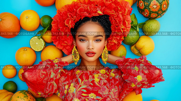 Fruitful Beauty: A portrait of a woman adorned in flowers and citrus, radiating vibrancy and the essence of summer. Стоковое AI-изображение, AI-художник Данила Большаков / Фотобанк Лори