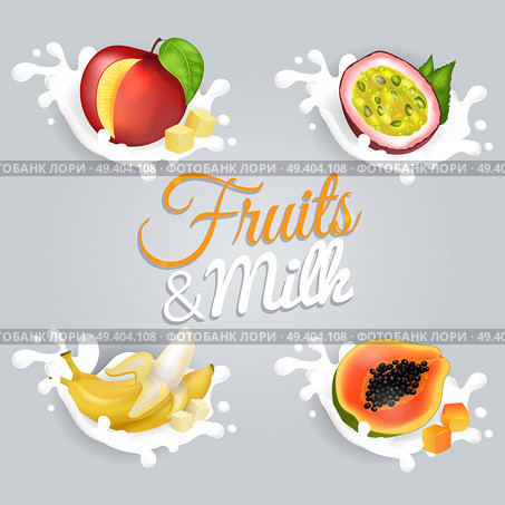 Fruits and milk vectors set. Sliced in half, peeled and diced ripe tropical plants on milk splashes illustration. Juicy fruits collection for healthy food and natural nutrition concepts. Стоковая иллюстрация, агентство Ingram Publishing / Фотобанк Лори