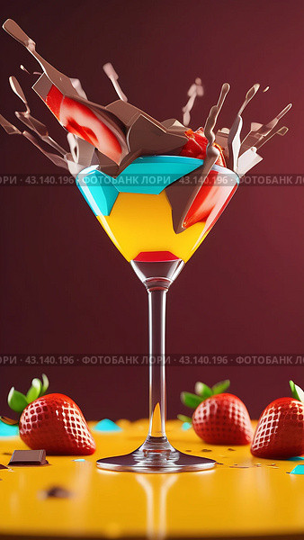 Фруктовые брызги из бокала с водой, ананасом,клубникой,шоколадом,желтый и винный фон.Летний коктейль.3d illustration. Стоковое AI-изображение, AI-художник Галина Беляева / Фотобанк Лори