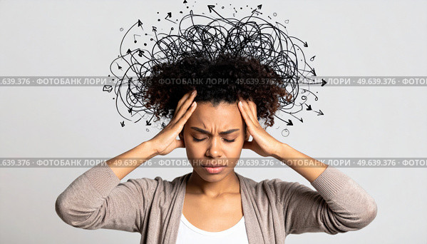 Frustrated woman with chaotic scribbles above her head symbolizing overthinking, mental overwhelm, anxiety or stress in personal or professional life. Стоковое AI-изображение, AI-художник Igor Tichonow / Фотобанк Лори