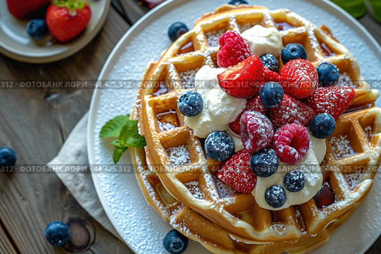Fulfilling Bakes waffles morning. Generate Ai. Стоковое AI-изображение, AI-художник Иван Рябоконь / Фотобанк Лори
