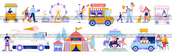 Funfair amusement park set of isolated icons and compositions of human characters market vans and arcades vector illustration. Funfair Amusement Icon Set. Стоковая иллюстрация, агентство Ingram Publishing / Фотобанк Лори