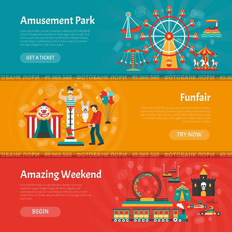 Funfair banner set. Funfair horizontal banner set with amusement park elements isolated vector illustration. Стоковая иллюстрация, агентство Ingram Publishing / Фотобанк Лори