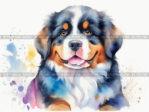 Funny Bernese Mountain Dog puppy, herding dog, watercolor drawing. Стоковое AI-изображение, AI-художник Сергей Елизарьев / Фотобанк Лори