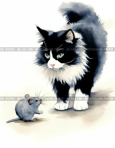 Funny black and white kitten and gray mouse, watercolor. Стоковое AI-изображение, AI-художник Сергей Елизарьев / Фотобанк Лори