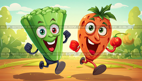 Funny colorful vegetables and fruits are running towards the viewer. Created by AI. Стоковое AI-изображение, AI-художник Ярославский Максим / Фотобанк Лори